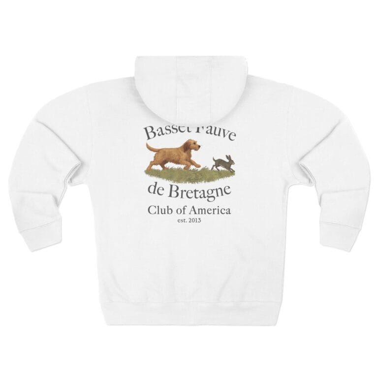 White hoodie with Basset Fauve de Bretagne design.