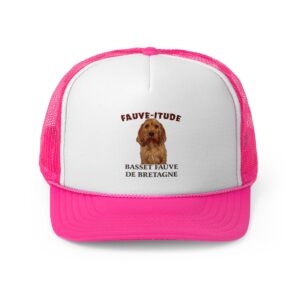 Pink trucker hat with Basset Fauve design.