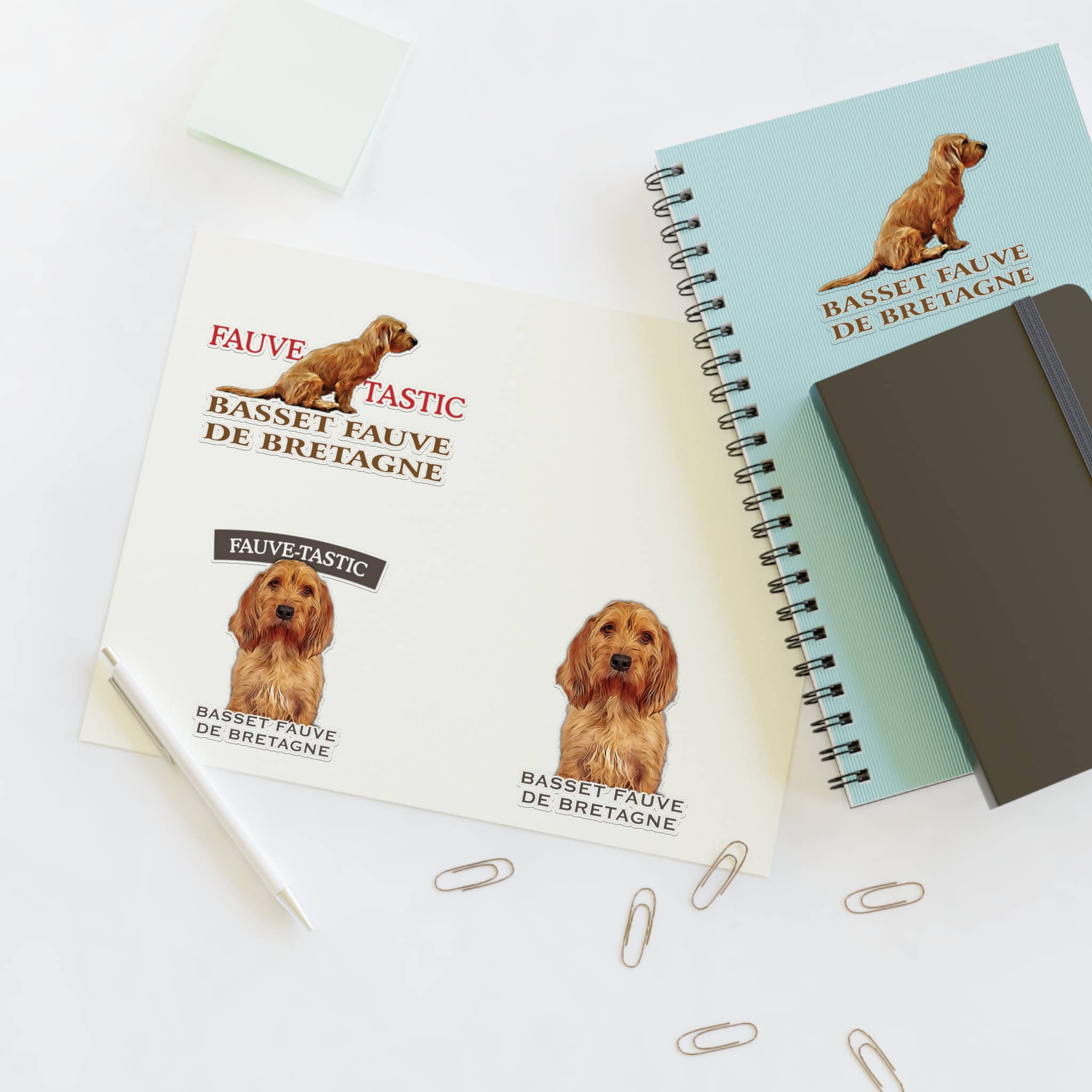 Basset Fauve de Bretagne themed stationery and stickers.
