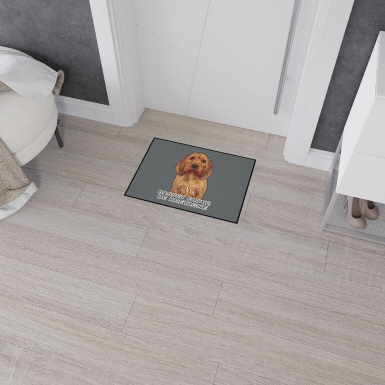 Dog-themed floor mat in entryway.