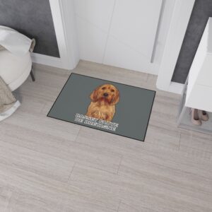 Basset Fauve de Bretagne dog on floor mat.