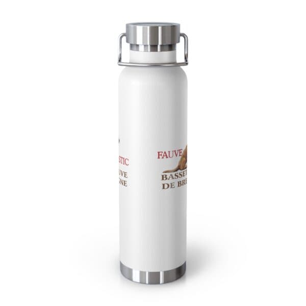 Stainless steel water bottle with dog design.