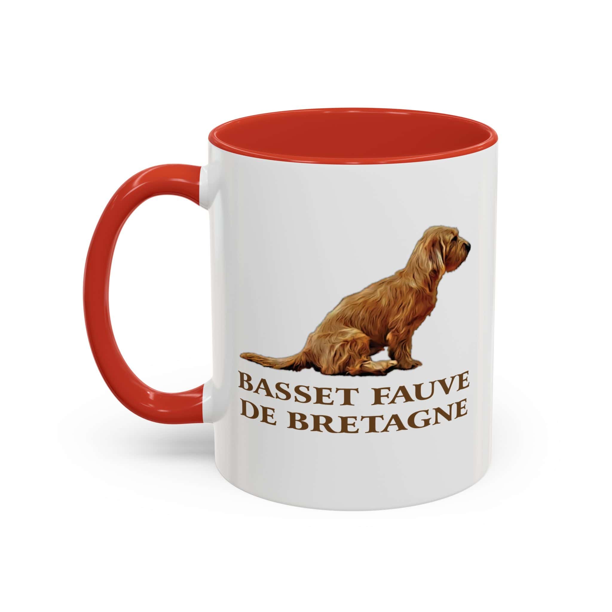 Basset Fauve de Bretagne dog mug with red handle.