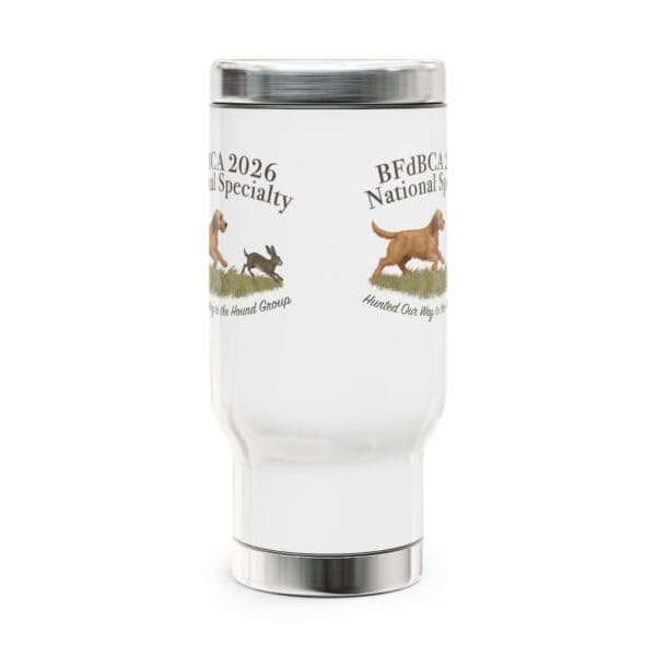White tumbler with dog-themed design