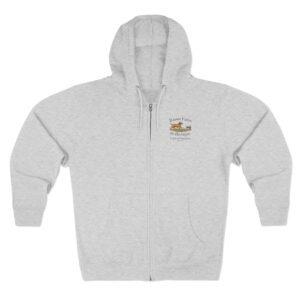 Gray hoodie with running dog logo.