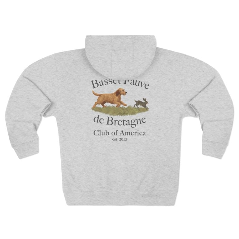 Gray hoodie with Basset Fauve de Bretagne design.