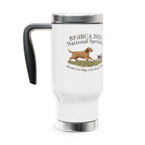 Travel mug with hound and rabbit design