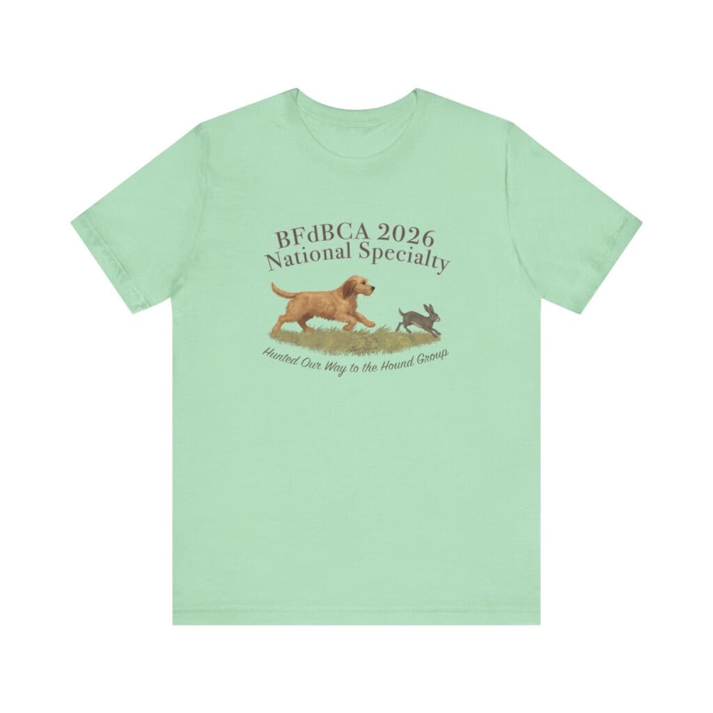 Mint green shirt with dog and rabbit graphic.