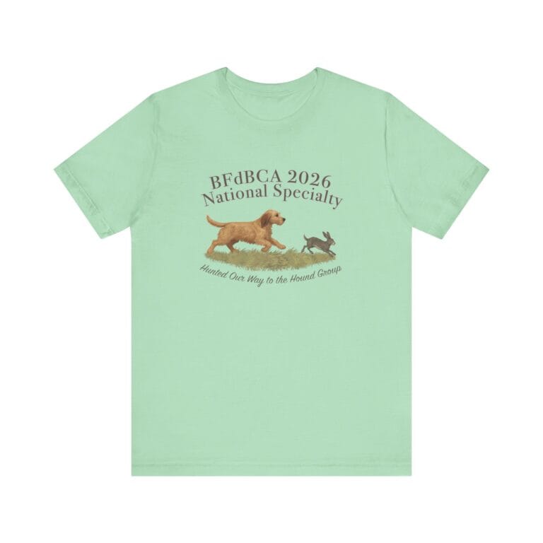 Mint green shirt with dog and rabbit graphic.