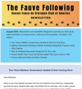 Basset Fauve de Bretagne newsletter August 2025 highlights.