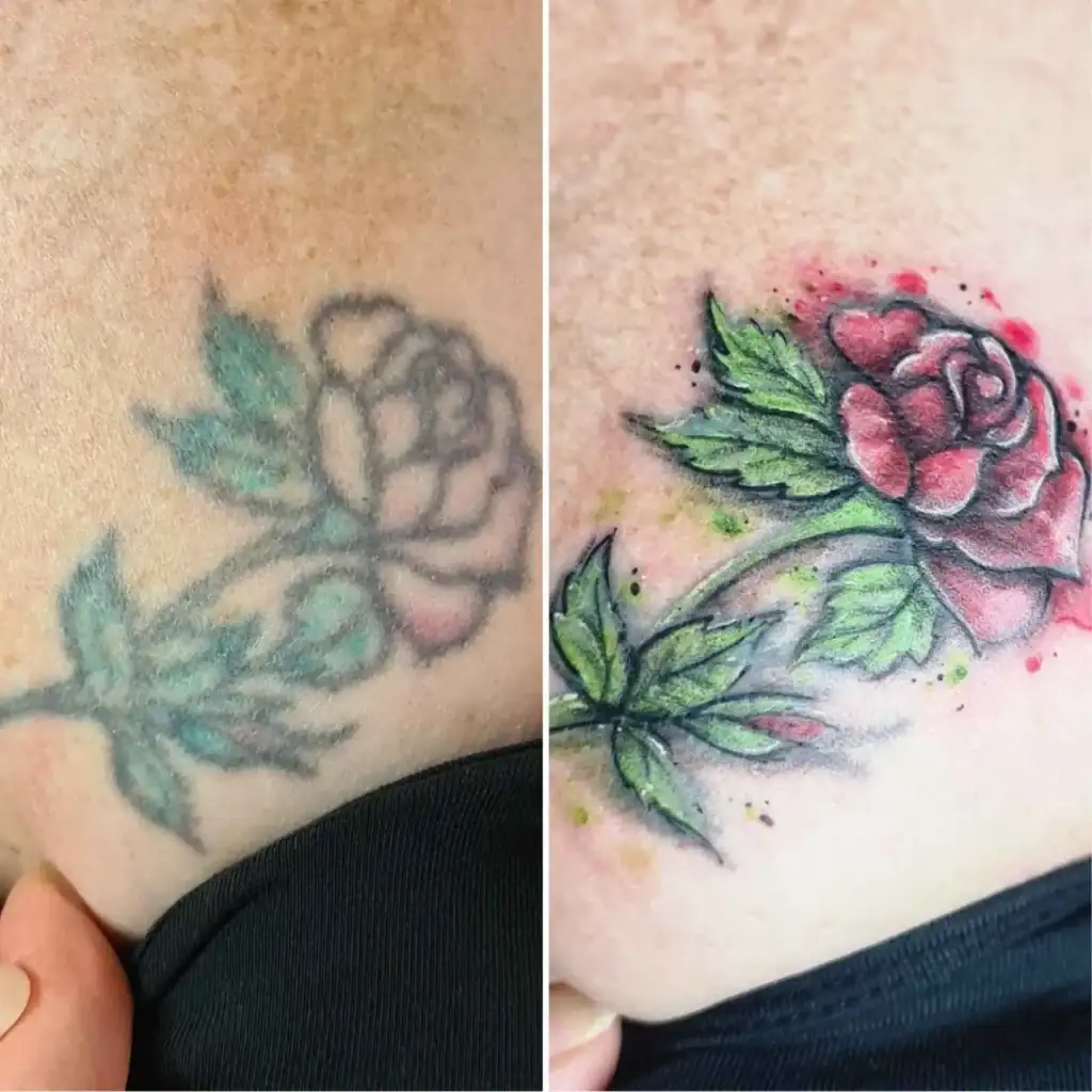 Ein vorher nachher Bild von einem alten Rosen Tattoo, das die Farbintensität verloren hat und jetzt in neuen Farben erstrahlt.