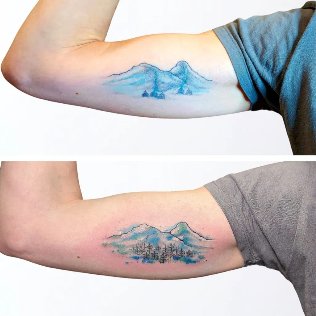 Vorher-Nachher Vergleich eines Berglandschaft Tattoos am Oberarm – professionelles Touch-Up Tattoo in Widnau mit neuen Farben und klaren Linien.