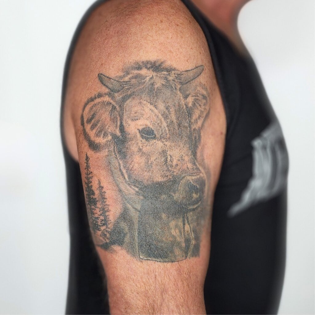 Verblasstes Kuh Tattoo am Oberarm – vor dem professionellen Touch-Up im Bastelbude Tattoo Studio Widnau.