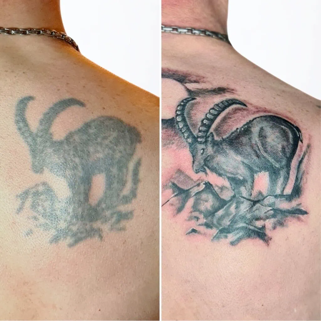 Vorher-Nachher Vergleich eines Steinbock Tattoos – Linien, Schatten und Kontraste durch Touch-Up Tattoo in Widnau überarbeitet.