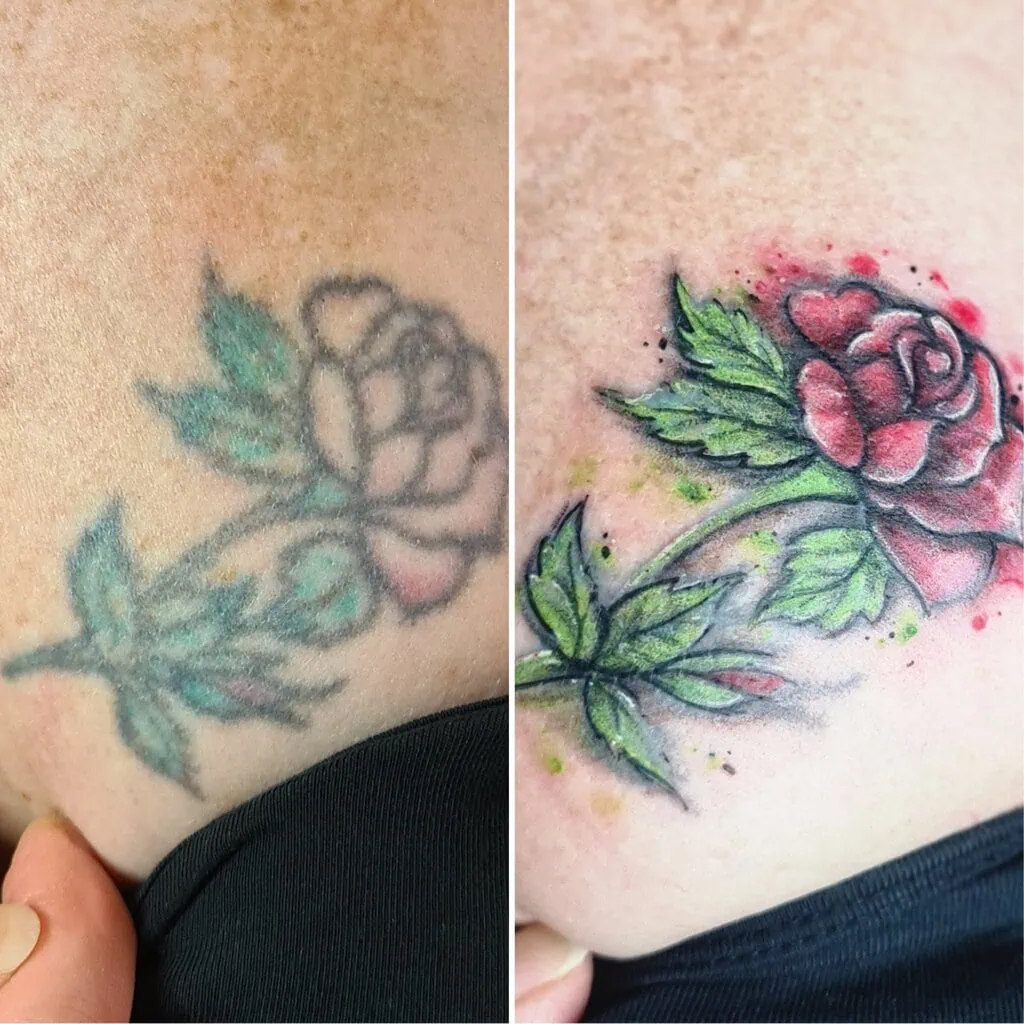 Vorher-Nachher Vergleich eines Rosen Tattoos – Farben, Tiefe und Konturen durch Touch-Up Tattoo verbessert.