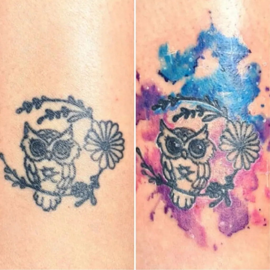 Vorher-Nachher Vergleich eines Eulen Tattoos – verblasstes Motiv mit Watercolor-Farben aufgefrischt, gestochen in Widnau.