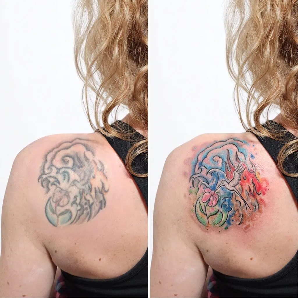 Vorher-Nachher Vergleich eines Schultertattoos – Watercolor Touch-Up Tattoo mit leuchtenden Farben, gestochen in Widnau.