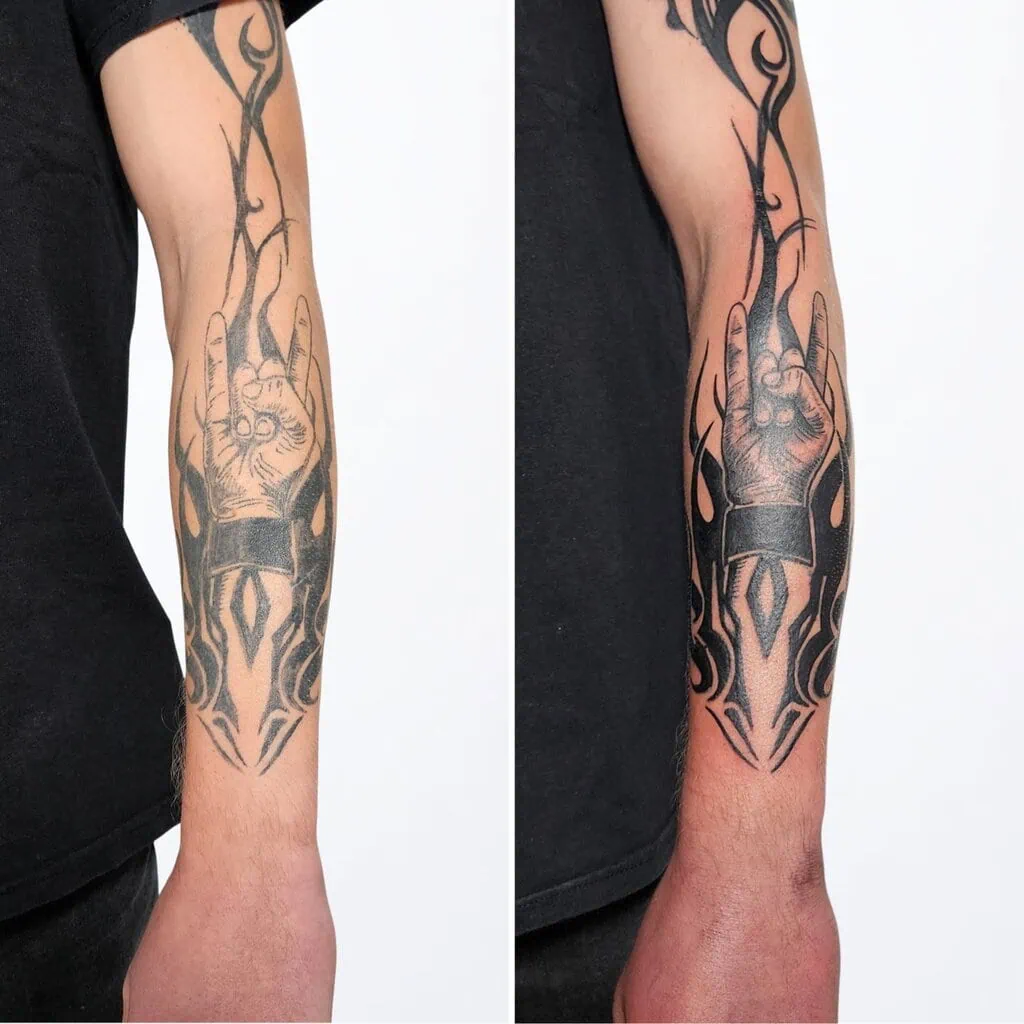 Vorher-Nachher Vergleich eines schwarzen Unterarm Tattoos – Linien & Schattierungen nach Touch-Up Tattoo in Widnau.