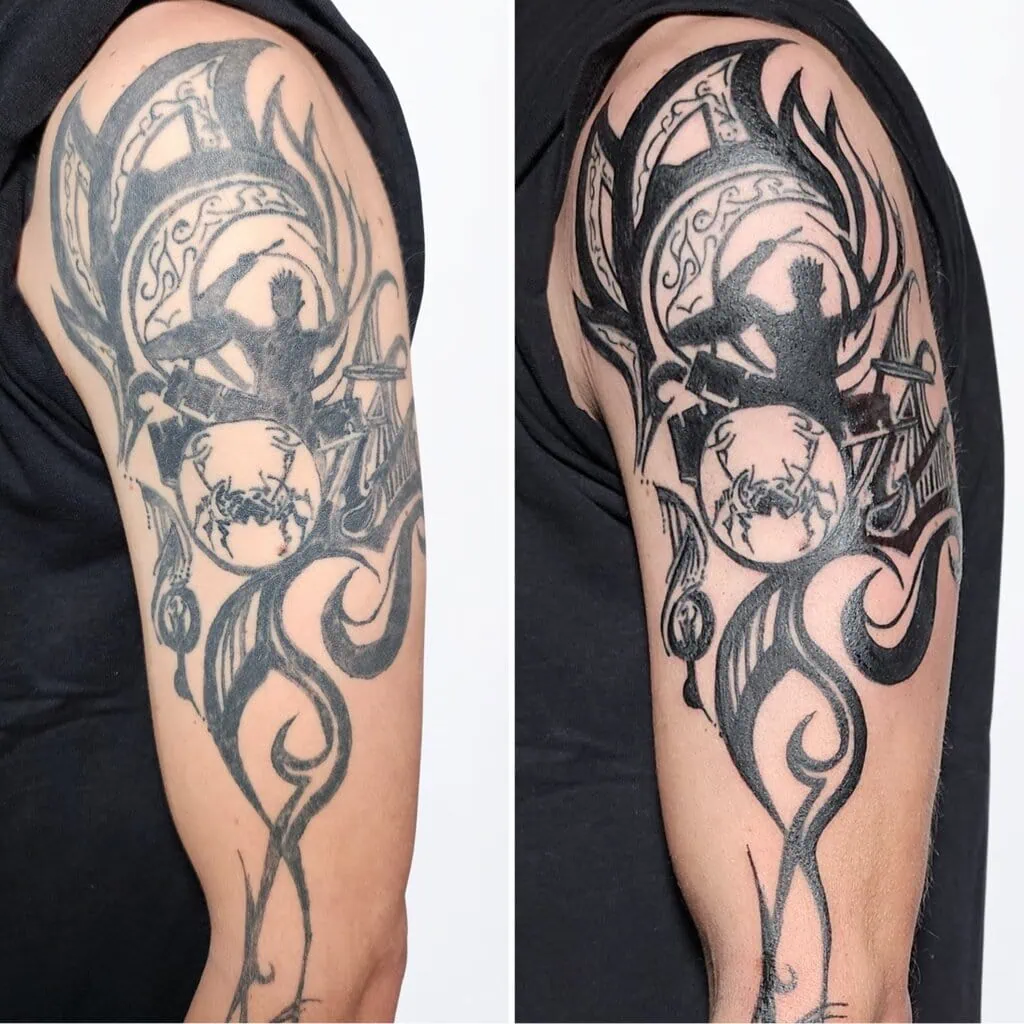 Vorher-Nachher Vergleich eines Tribal Tattoos am Oberarm – Linien & Kontraste durch Touch-Up Tattoo verbessert, gestochen in Widnau.