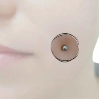 In der Mitte der Wangen platziertes, markantes Cheek Piercing, akzentuiert durch einen feinen Silberring