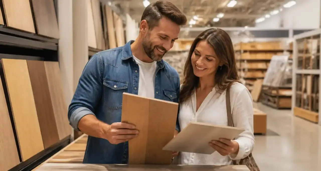 Un couple compare des matériaux de bricolage dans les rayons d'un magasin
