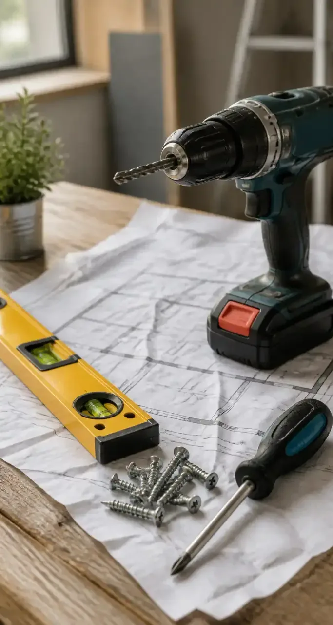 Outils de bricolage posés sur des plans de rénovation