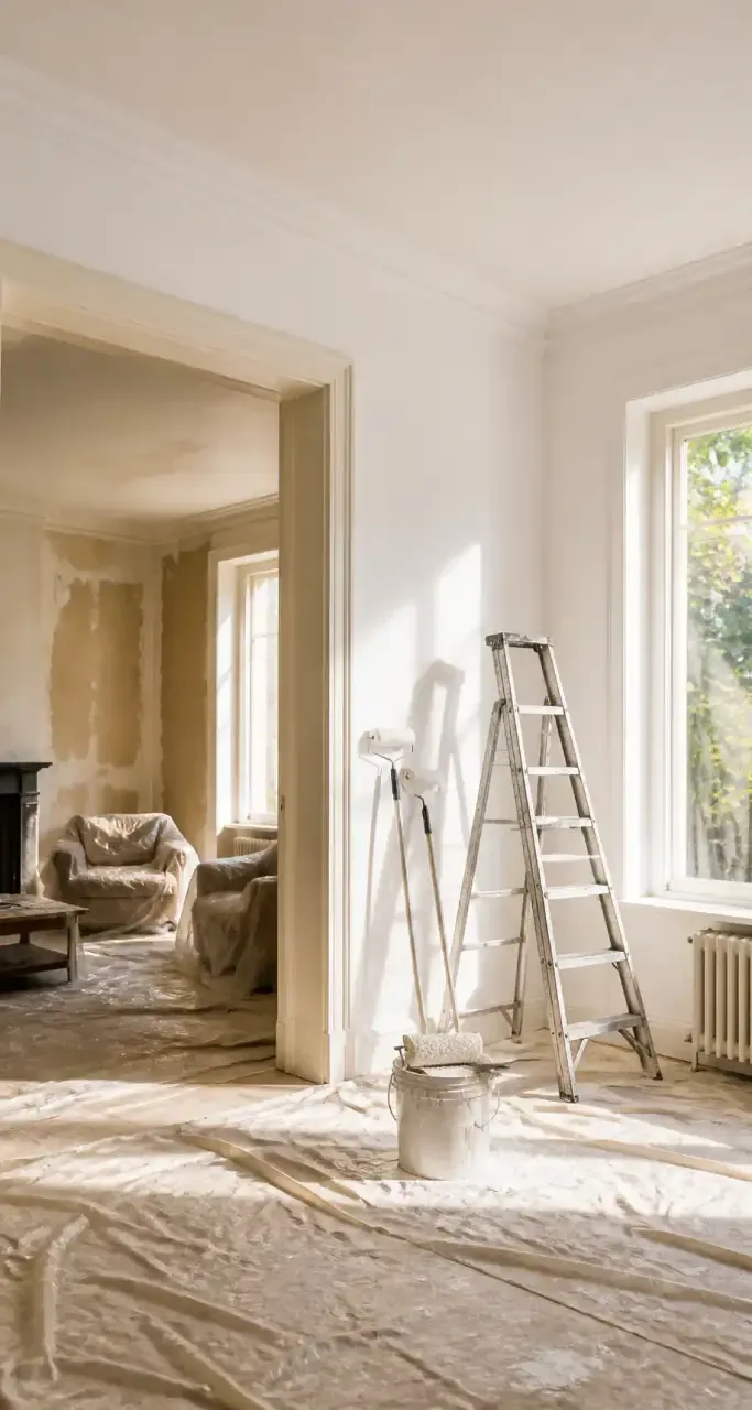 Salon en cours de rénovation avec travaux de peinture