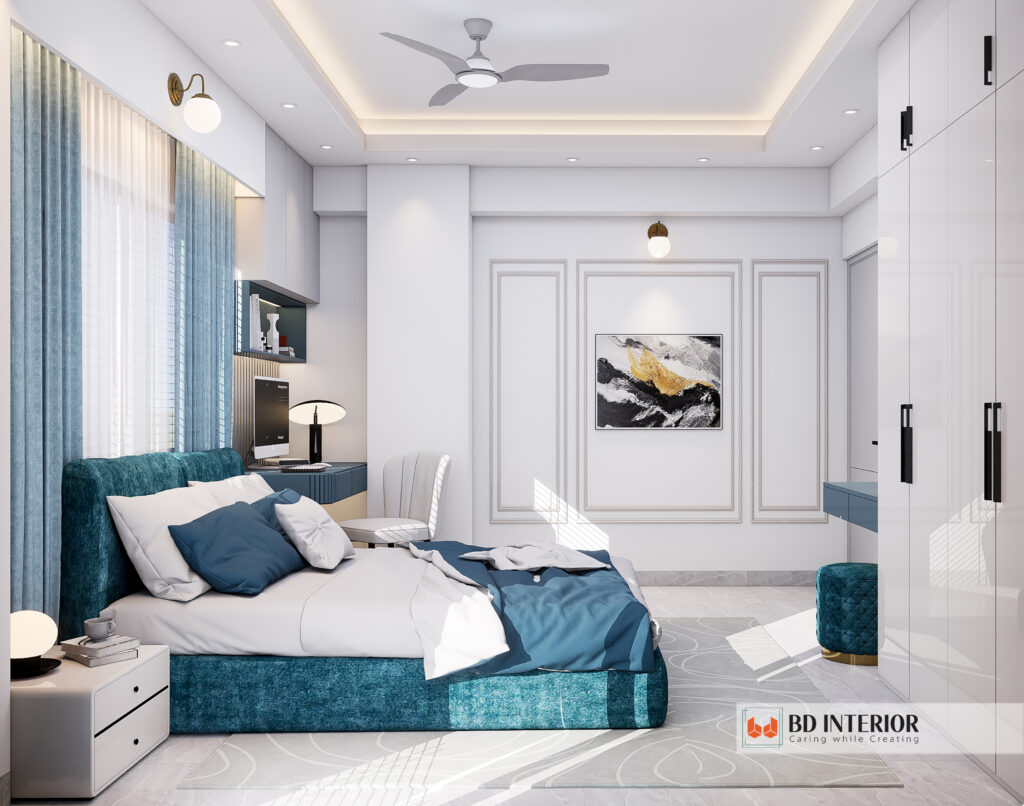 3D Rendering for Interior Design: Master Visuals, Win Clients in Bangladesh 2 Bedroom with white walls and blue accents.