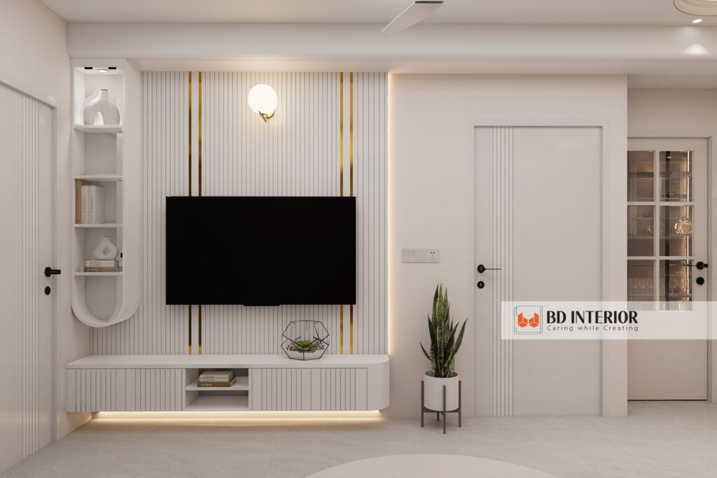 Different Aspects of Interior Design: A Homeowner's Guide 1 Modern living room with TV and stylish decor.