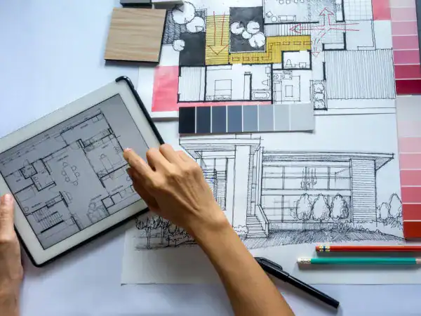 7 Steps to Launch Your Interior Design Career Successfully in Bangladesh 1 Architectural blueprint and tablet display.