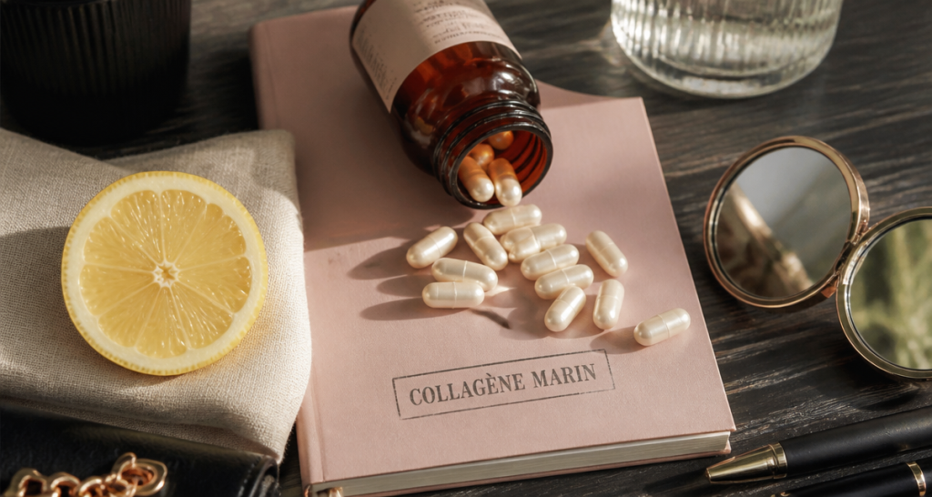 collagene marin en gelules sur table avec citron et carnet