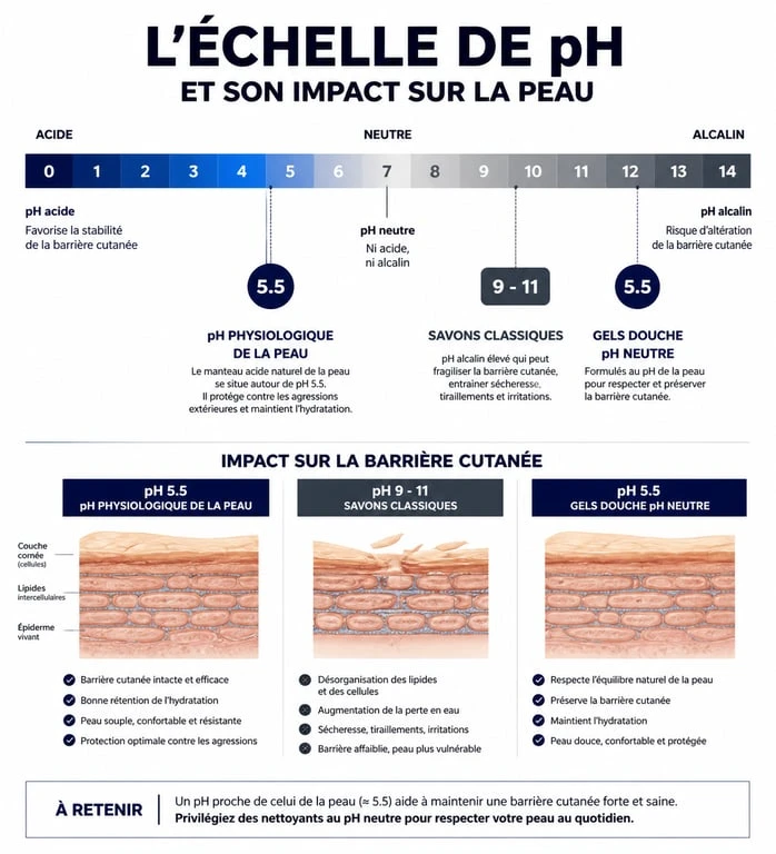 Infographie comparant le pH de la peau avec celui des gels douche pH neutre pour comprendre le meilleur choix pour sa peau.