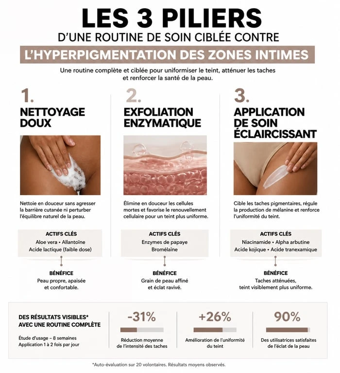 Infographie des 3 étapes de la routine pour utiliser une crème éclaircissante pour partie intime en pharmacie