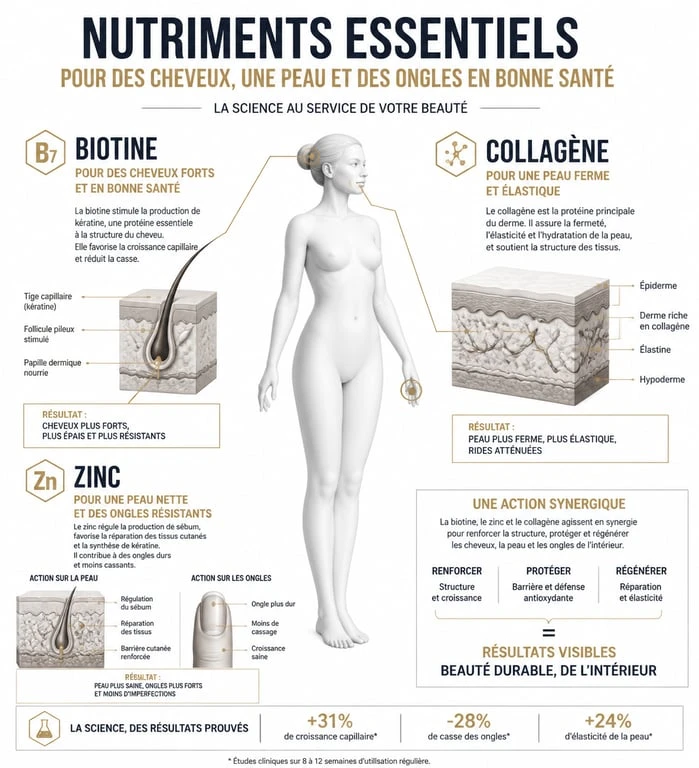 Infographie sur les bienfaits des nutriments hair skin nails pour la santé des cheveux et de la peau