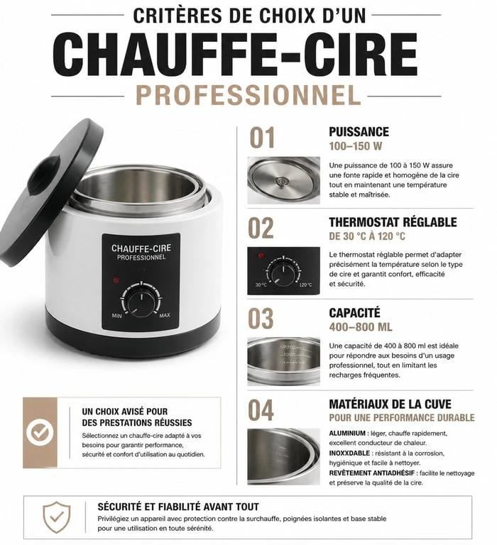 Infographie des critères techniques pour choisir le meilleur chauffe-cire professionnel en institut de beauté