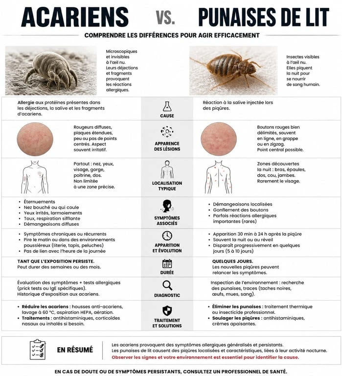 Infographie comparative des symptômes : acariens vs punaises de lit