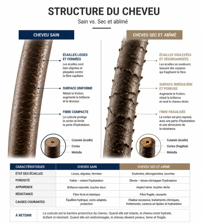Schéma comparatif de la structure d'un cheveu sain et d'un cheveu abîmé pour choisir le meilleur shampoing pour cheveux secs et abîmés