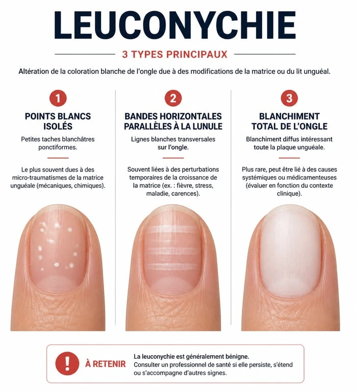 Infographie illustrant les différents types de leuconychie et taches blanches sur les ongles