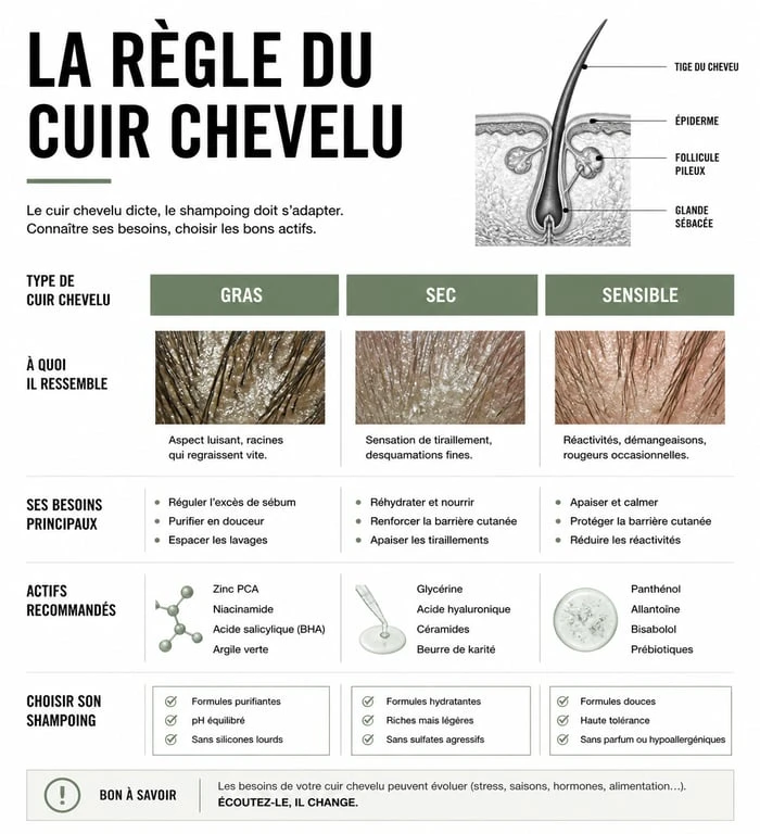 Infographie explicative pour savoir quel shampoing choisir selon son type de cuir chevelu