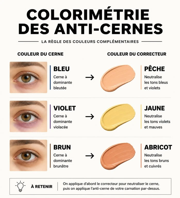 Infographie explicative sur comment choisir son anti cernes selon la couleur des cernes