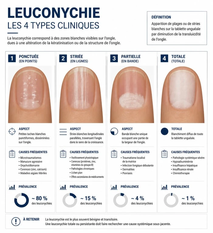 Schéma des différents types de leuconychie ou lignes blanches sur les ongles
