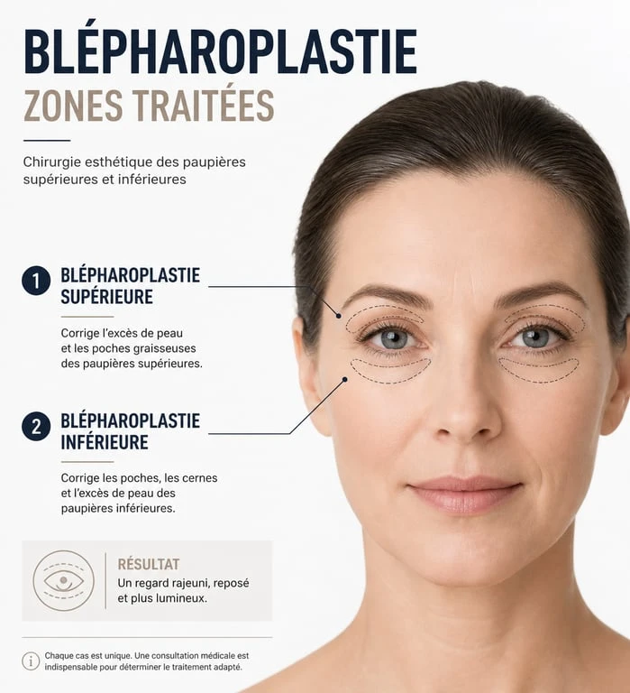 Schéma explicatif des zones traitées lors d'une blépharoplastie pour paupières tombantes