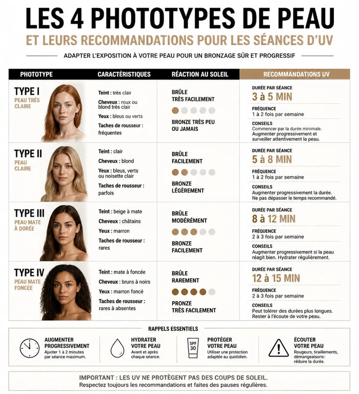 Infographie des phototypes de peau pour les séances UV à Plan de Campagne