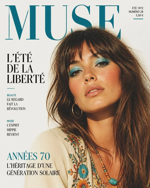 Maquillage années 70 hippie avec fard à paupières bleu turquoise et teint naturel