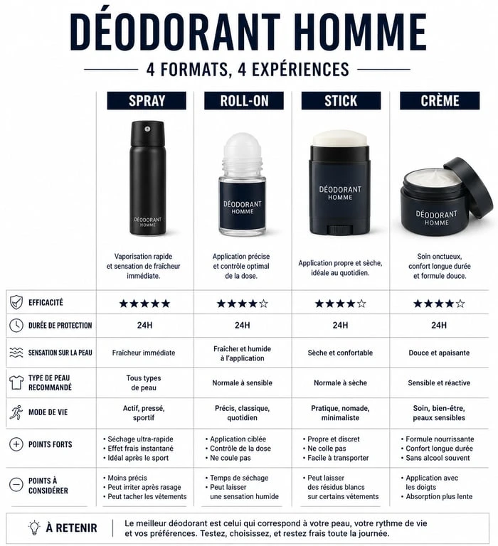 Infographie comparative des meilleurs déodorants pour homme : spray, roll-on, stick et crème