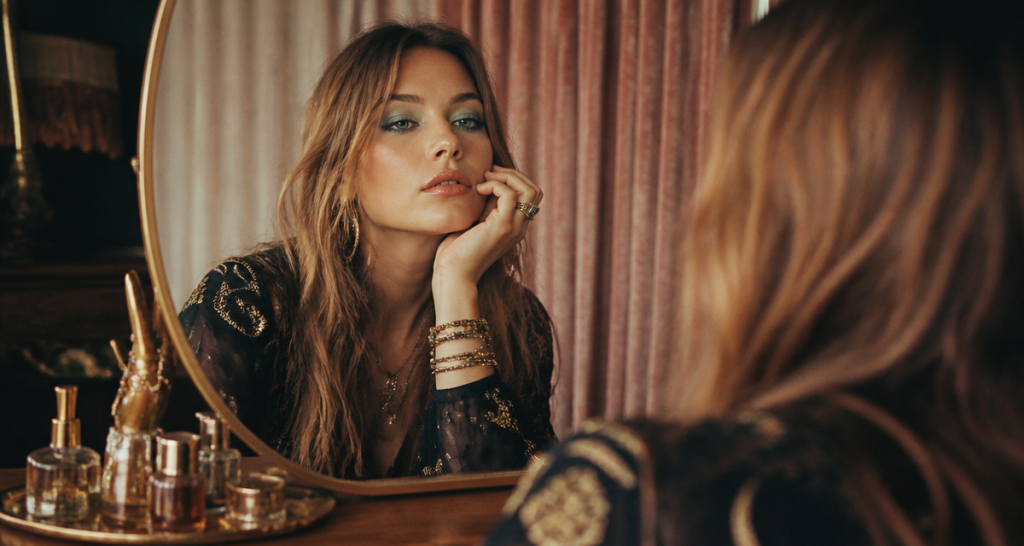 maquillage année 70 hippie sur femme devant miroir