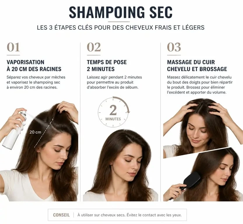 Étapes illustrées pour bien utiliser son shampoing sec et obtenir du volume