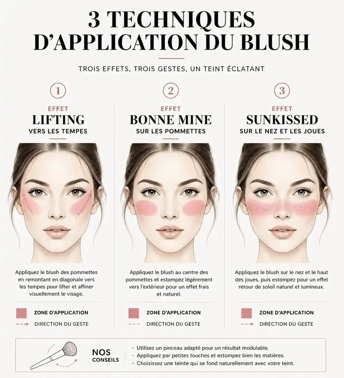 Schéma illustrant les différentes techniques pour mettre du blush selon l'effet recherché
