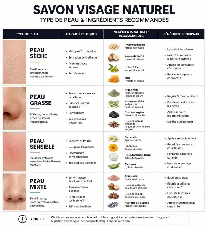 Infographie récapitulative pour choisir son savon nettoyage visage selon son type de peau