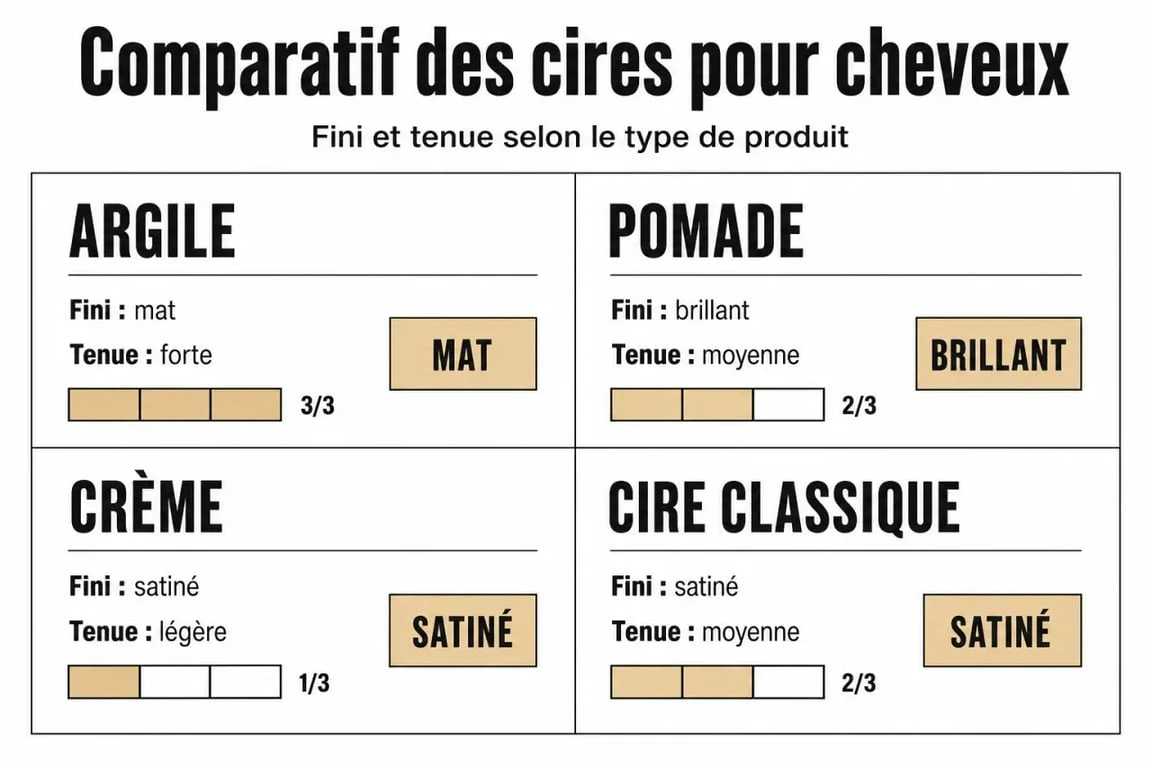 Comparatif des types de cires coiffantes pour homme : argile, pomade, crème et cire classique pour choisir la meilleure cire cheveux homme.